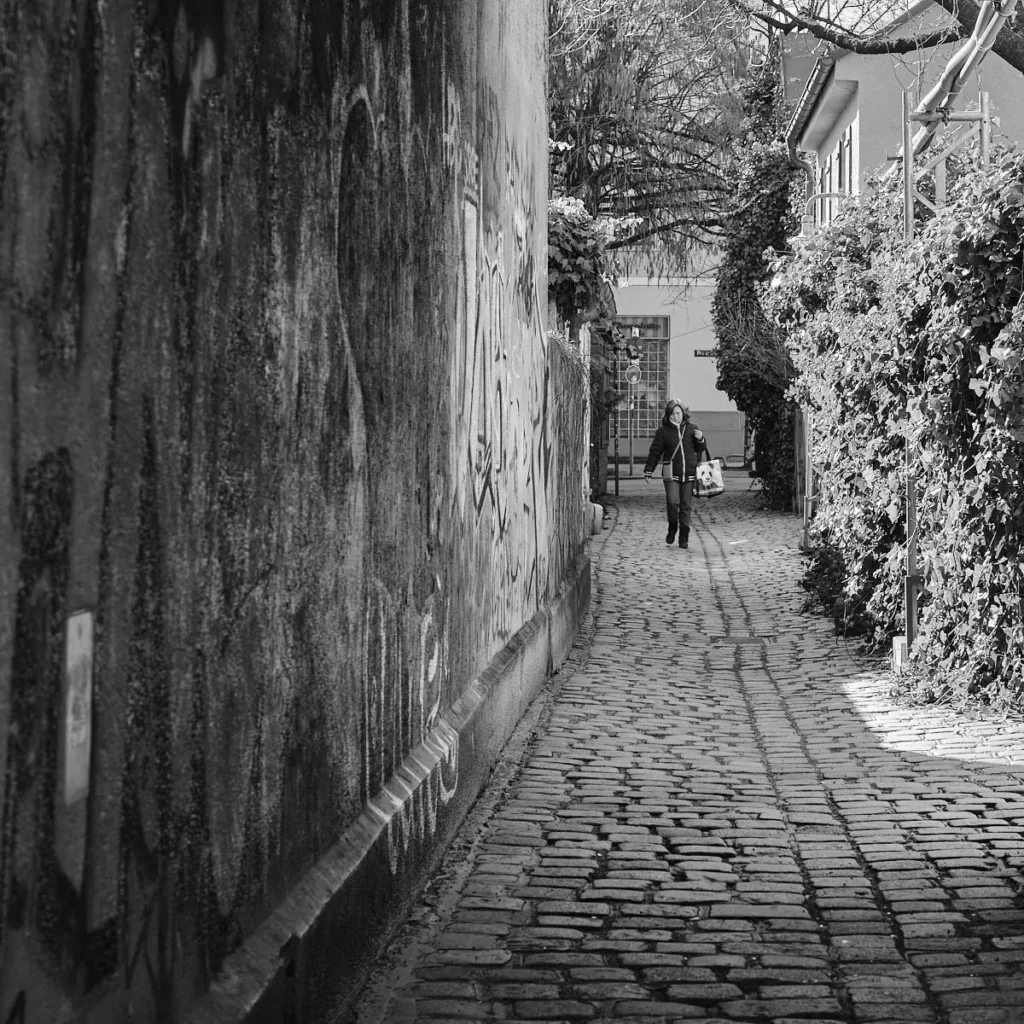 Graffiti ile kaplı eski bir duvar ile sarmaşıklı bir evin arasındaki taş döşeli dar sokakta yürüyen kişi, siyah beyaz fotoğraf.
