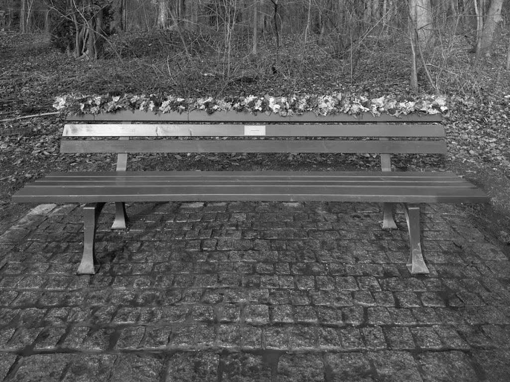 Ormanlık alanda, üzerinde özenle düzenlenmiş çiçeklerden bir çelenk bulunan-Amel ve Hafsa için yapılmış boş ahşap bank, siyah beyaz fotoğraf.